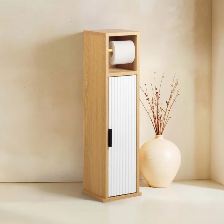 Meuble dérouleur papier WC avec rangement et porte rainurée
