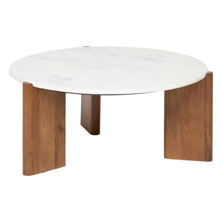 Mesa de centro redonda de mármol con patas de madera maciza de mango