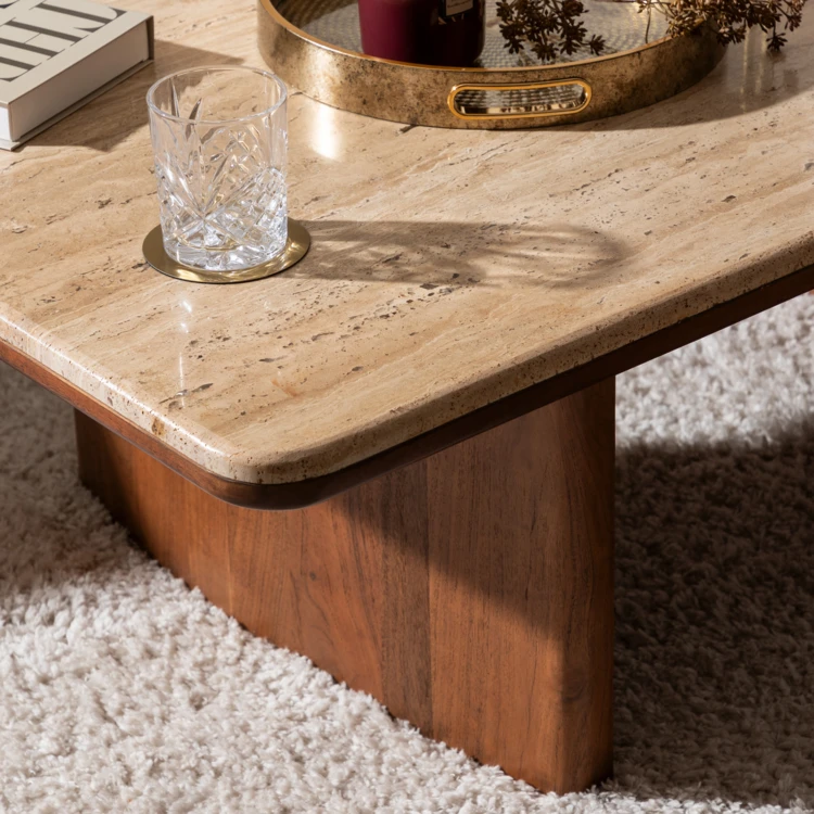 Mesa de centro de travertino con tapa rectangular