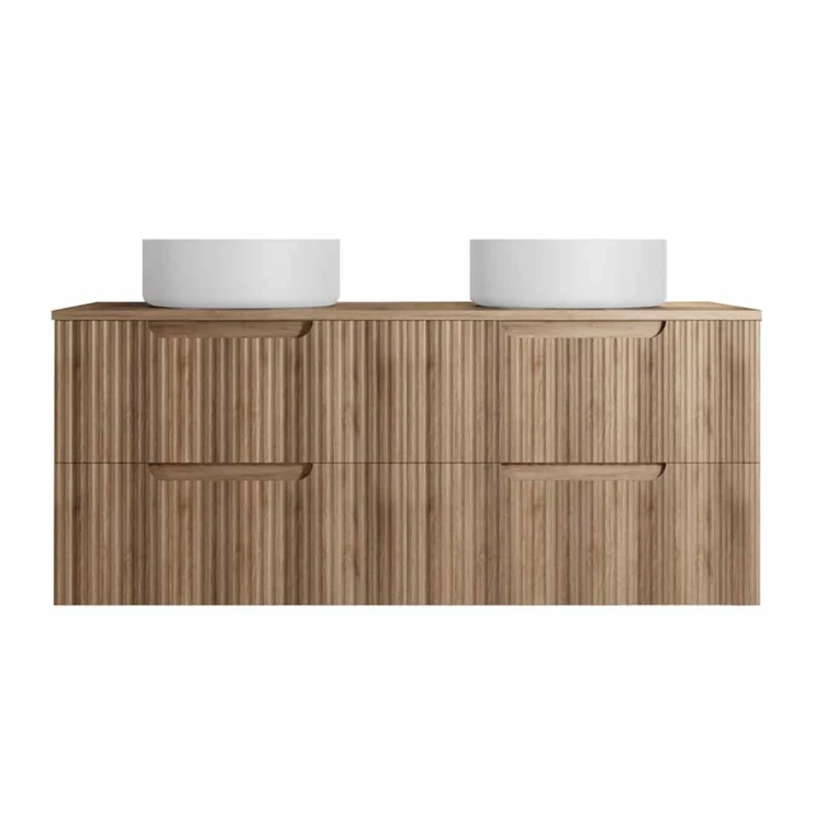 Meuble de salle de bain double vasque ronde avec façade ondulée et rangements intégrés
