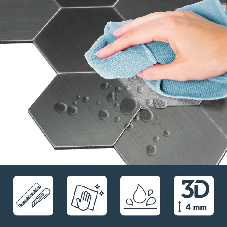 Crédence adhésive murale 3D effet carrelage hexagonal 4 pièces