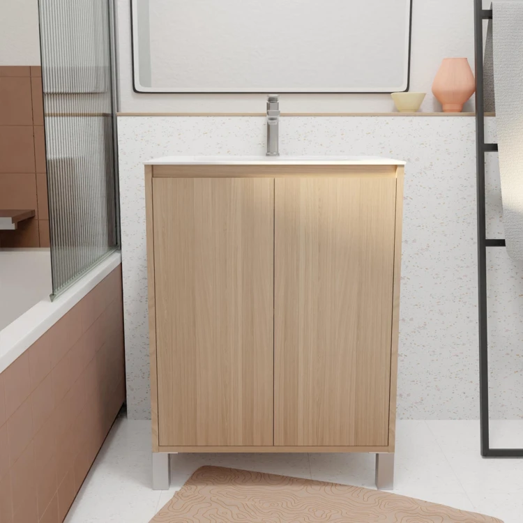 Meuble de salle de bains sur pieds avec 2 portes et vasque