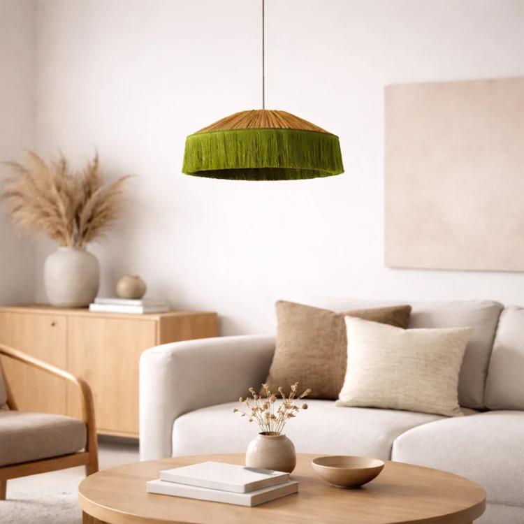 Abat-jour suspension en papier façon raphia et franges