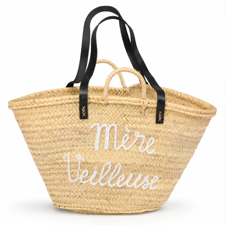 Panier tressé avec anses en cuir MERE VEILLEUSE