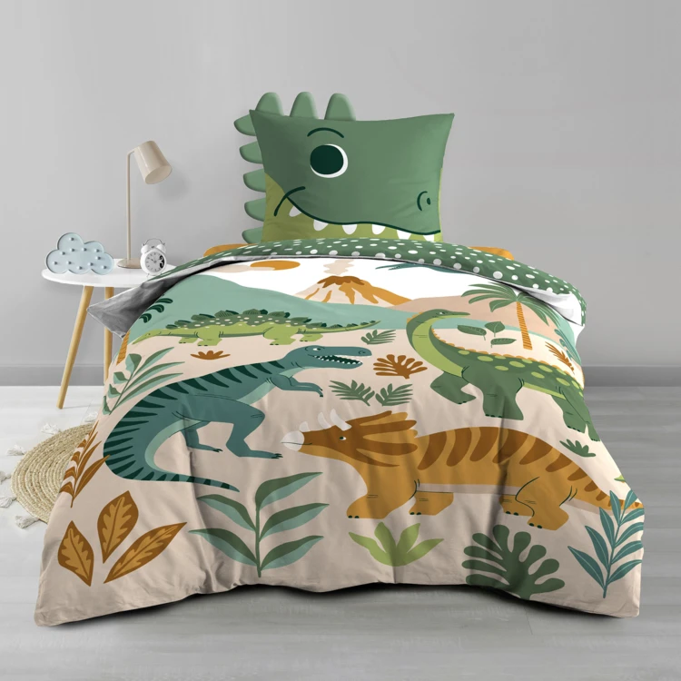 2-teiliges Kinderbettwäscheset aus 100 % Baumwolle mit Dinosaurier-Motiv: Bettbezug + Kissenbezug