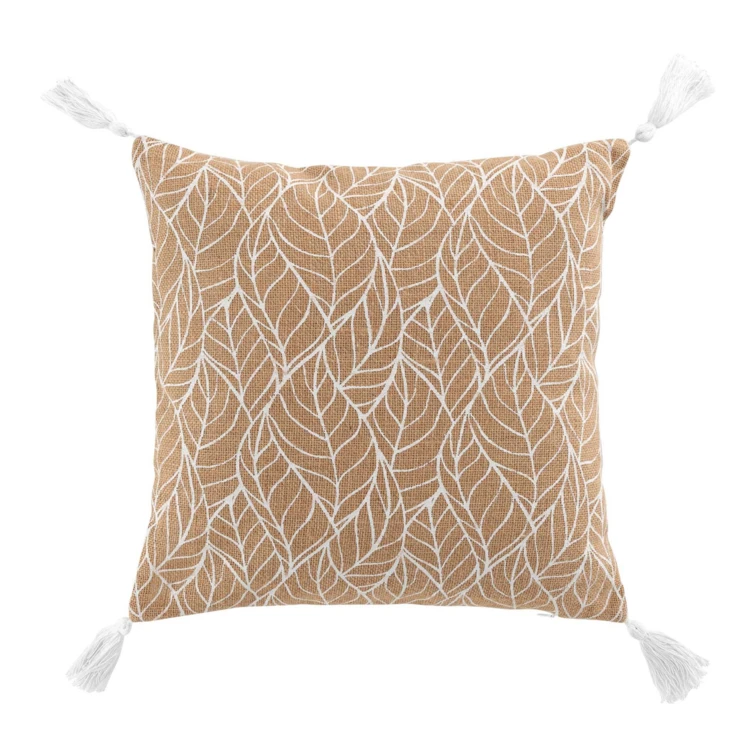 Coussin déhoussable en jute imprimé feuilles