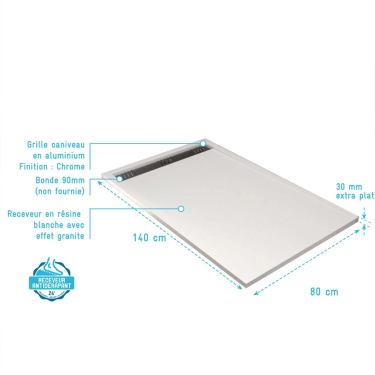 Receveur de douche extra-plat en résine effet pierre  grille linéaire chrome