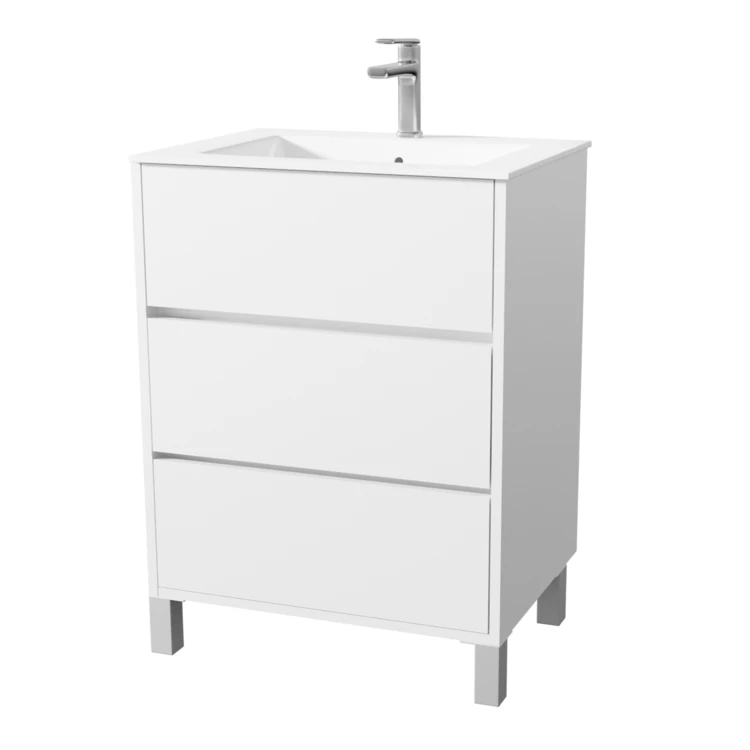 Meuble de salle de bains sur pieds avec 3 tiroirs et vasque en céramique