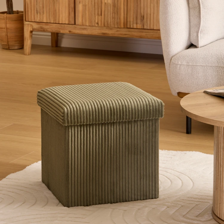 Pouf pliable effet velours côtelé avec rangement intégré