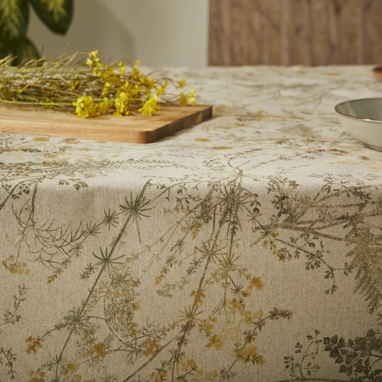 Nappe rectangulaire en polycoton enduit anti-tache motif herbes