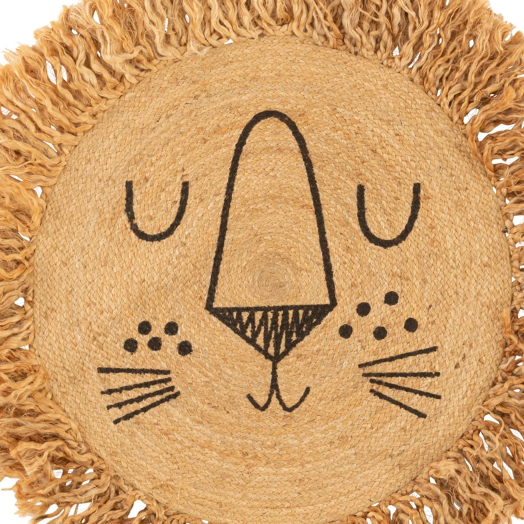 Alfombra redonda de yute con diseño de león para niños