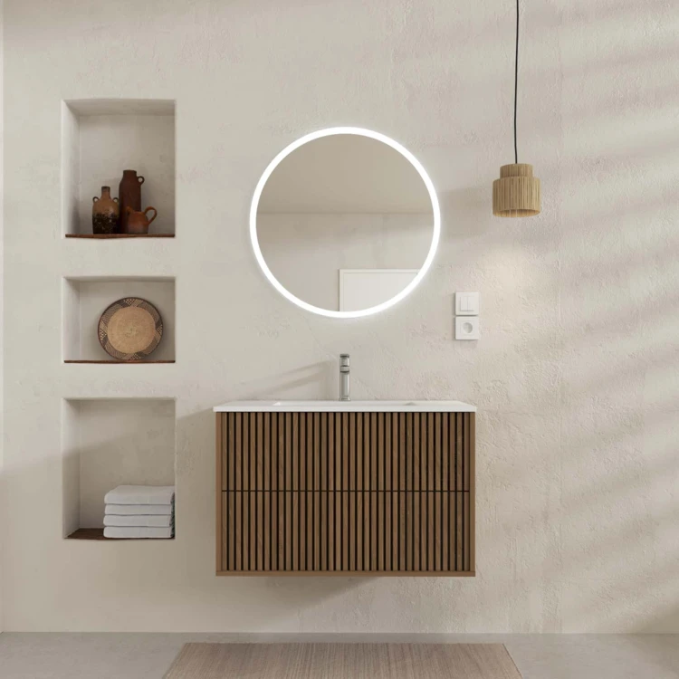 Meuble de salle de bain suspendu avec façade crantée, vasque(s) et miroir(s) LED