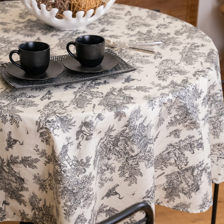 Nappe ronde toile de Jouy plastifiée