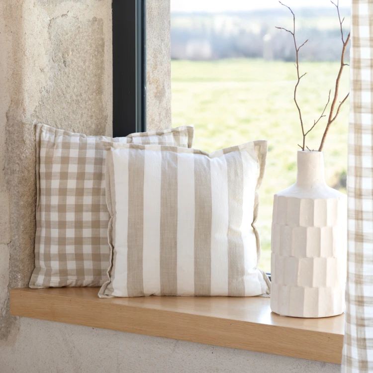 Housse de coussin rayures et vichy en coton flammé