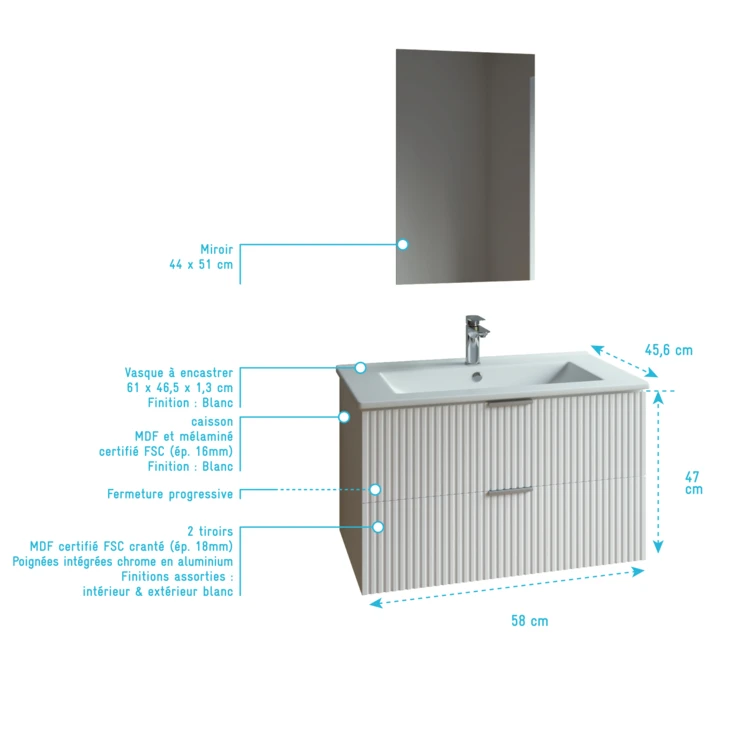 Meuble de salle de bains suspendu texturé 2 tiroirs avec vasque