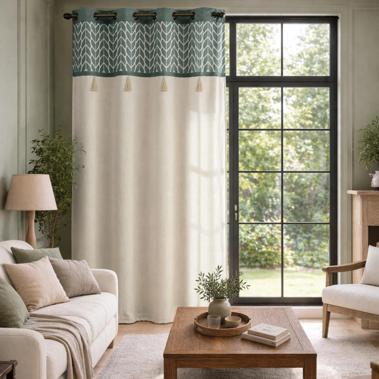 Rideau tamisant à œillets en polycoton jacquard avec pompons