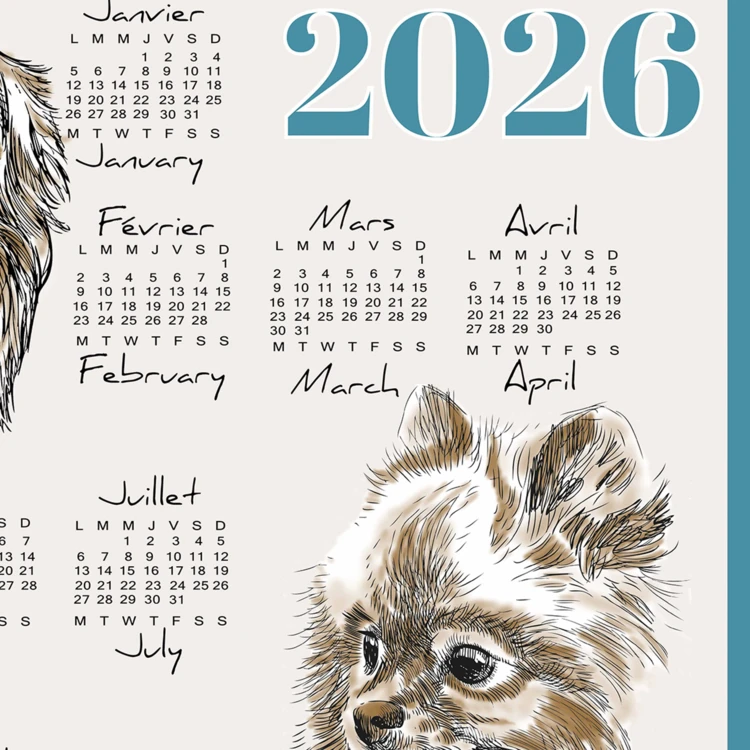 Torchon calendrier 2026 motif chiens coton
