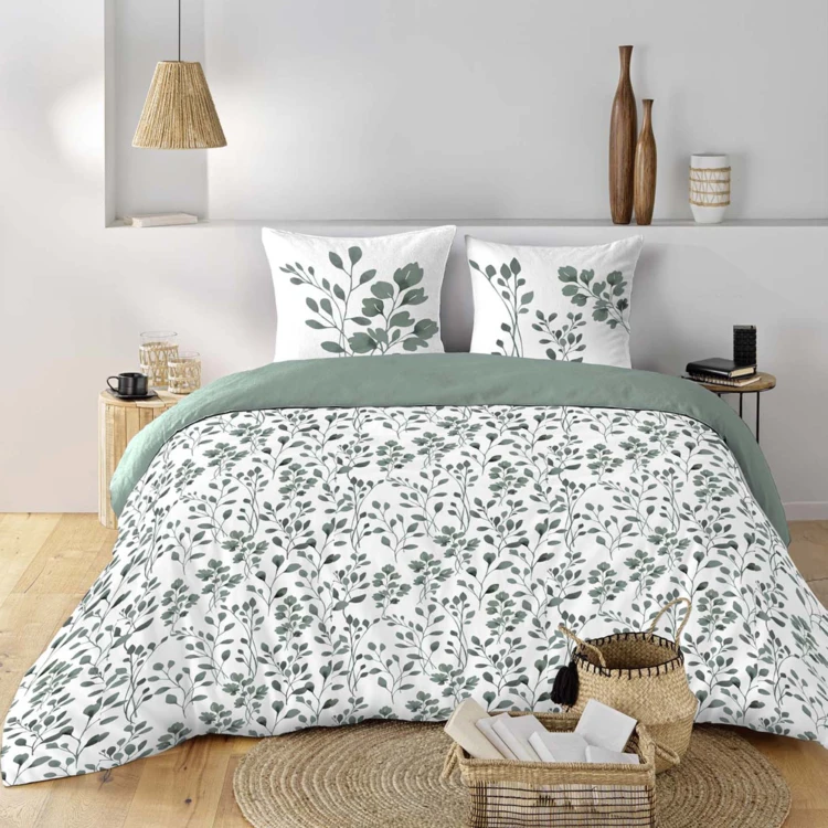3-teilige Bettwäschegarnitur aus Baumwolle mit Blättermotiv Bezug + Kissenbezüge