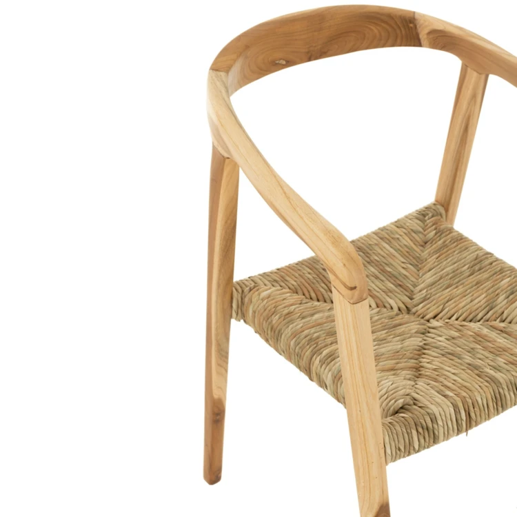 Silla de madera de teca y asiento de mimbre trenzado