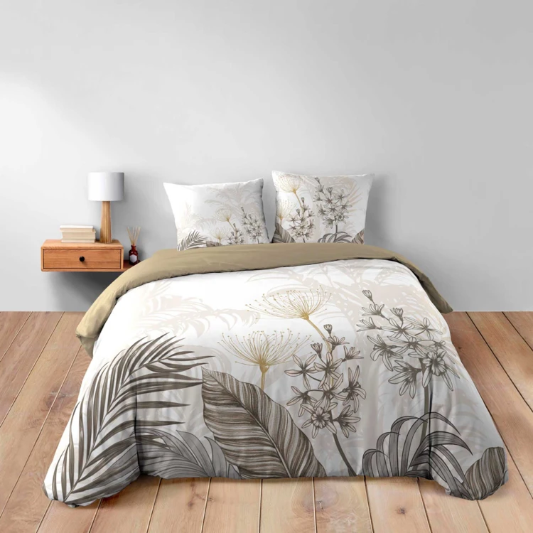 Parure de lit 3 pièces coton motif feuillage floral housse + 2 taies
