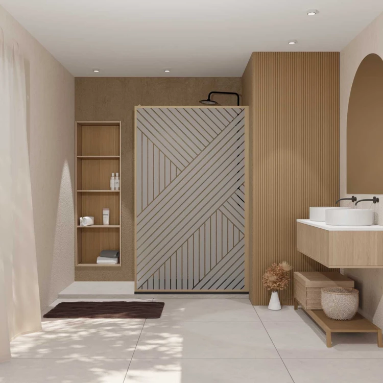 Paroi de douche en verre sérigraphié style Japandi motif géométrique