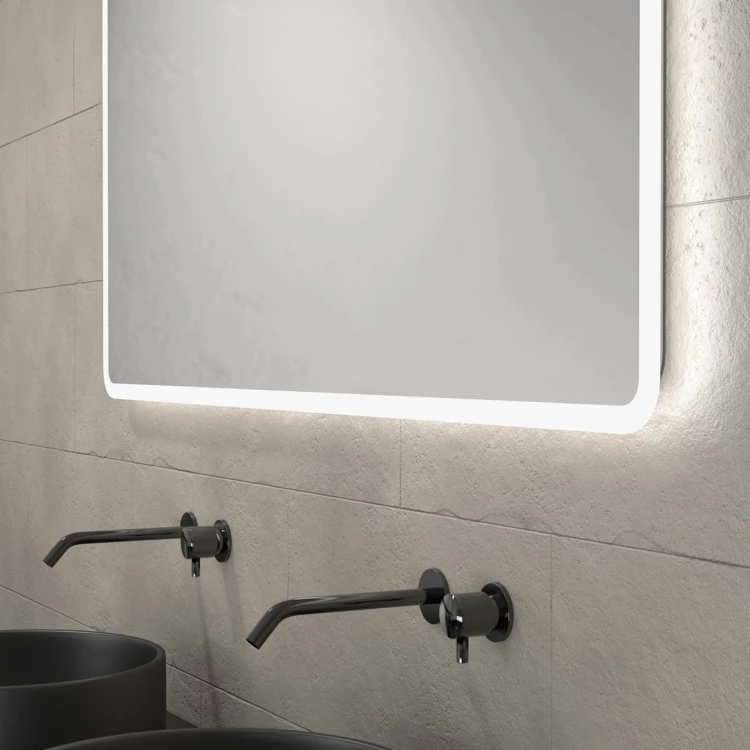 Meuble de salle de bains avec 2 vasques rondes et 1 miroir rectangulaire à led
