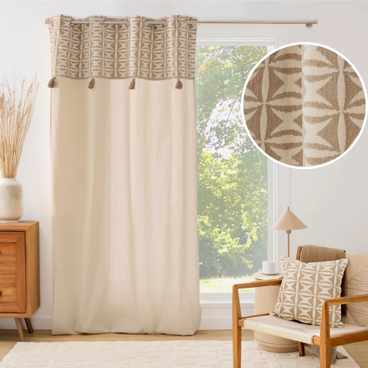 Rideau tamisant à œillets en polycoton avec jacquard et pompons