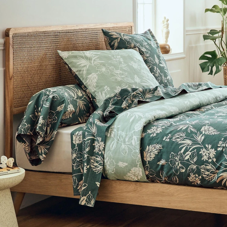 Parure de draps 3 pièces en percale de coton à motif végétal avec drap-housse et taie d’oreiller