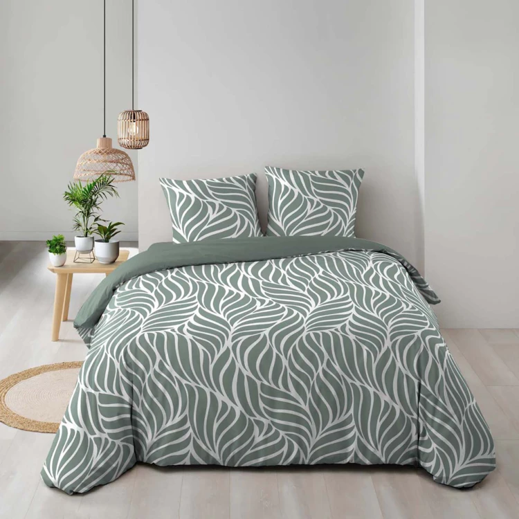 Juego de cama de 3 piezas en algodón con diseño de hojas + fundas de almohada