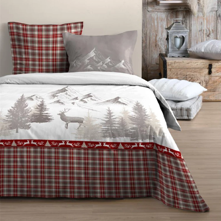 Parure De Lit Double 200x200 Cm Alpine Stag - 100% Coton Brossé, Motifs Cerfs Et Montagnes | Style Lodge Hivernal