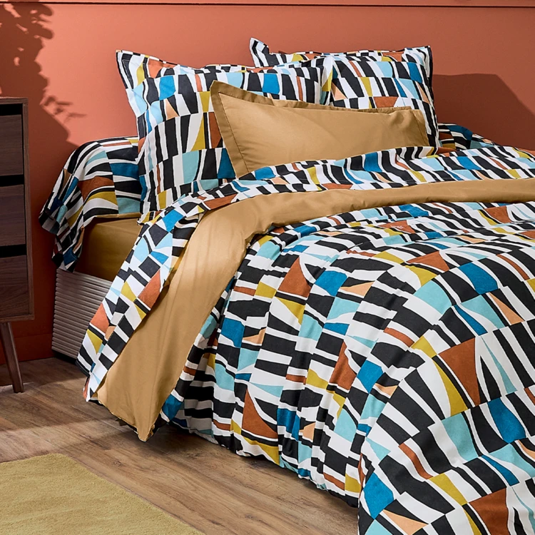 Parure de lit 3 pièces coton géométrique housses + taies