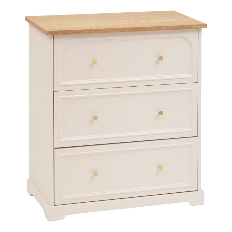 Cómoda de madera con tres cajones y encimera de fresno