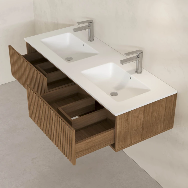 Meuble de salle de bain suspendu avec façade crantée, vasque(s) et miroir(s) LED
