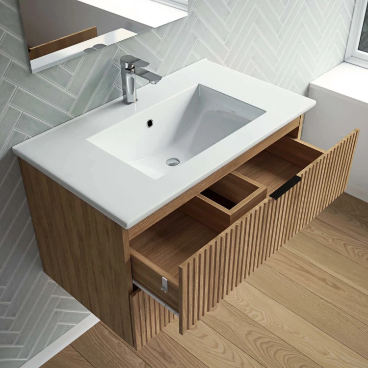 Meuble de salle de bains suspendu texturé 2 tiroirs avec vasque