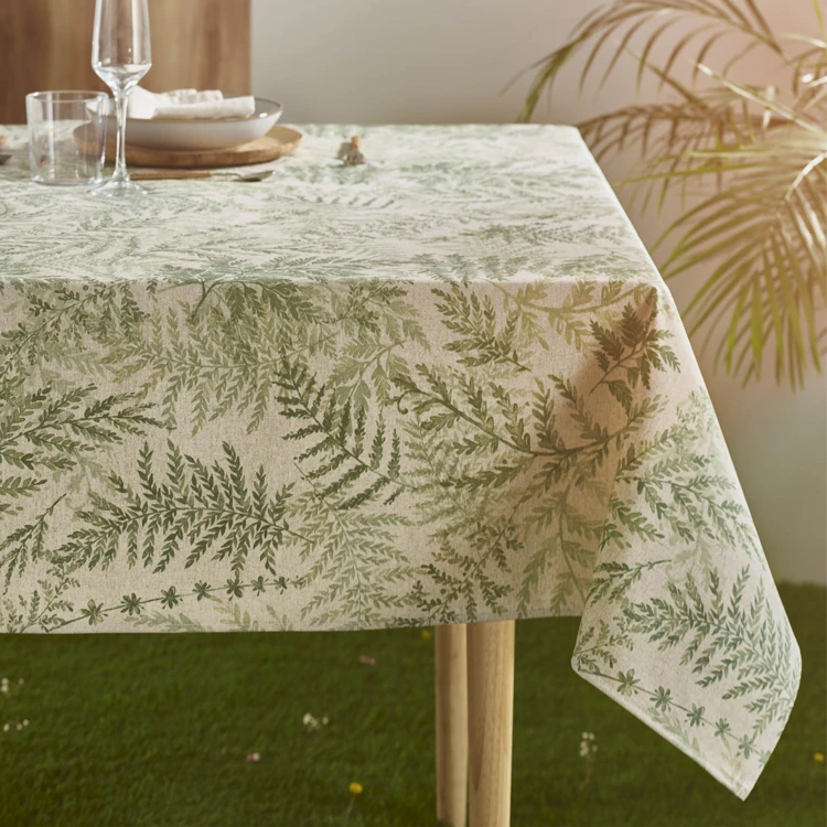 Nappe rectangulaire en polycoton enduit anti-tache motif fougères
