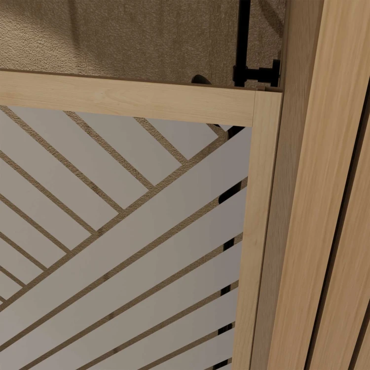 Porte de douche coulissante verre sérigraphié motif géométrique finition bois