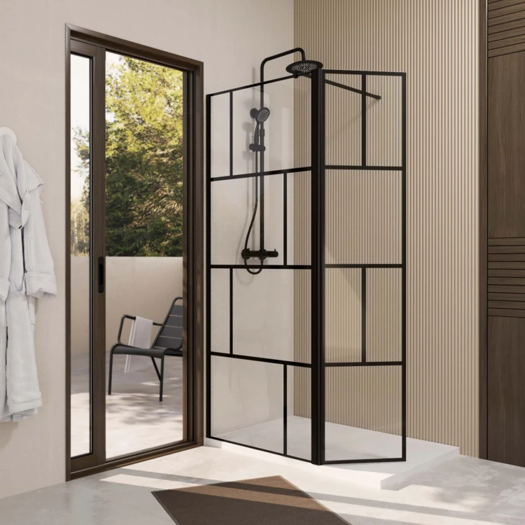 Paroi de douche sérigraphiée avec volet pivotant en verre trempé anticalcaire