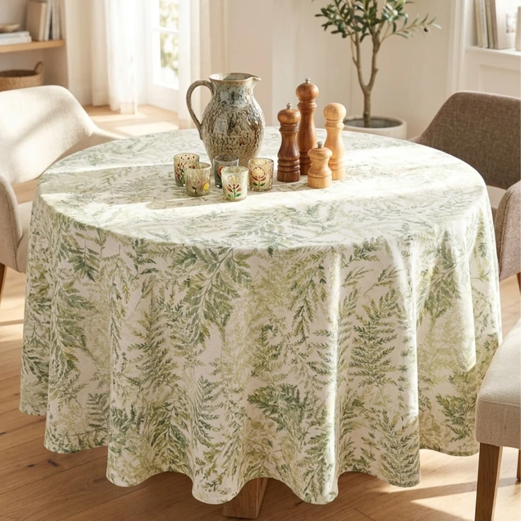 Nappe ronde en polycoton enduit anti-tache motif fougères