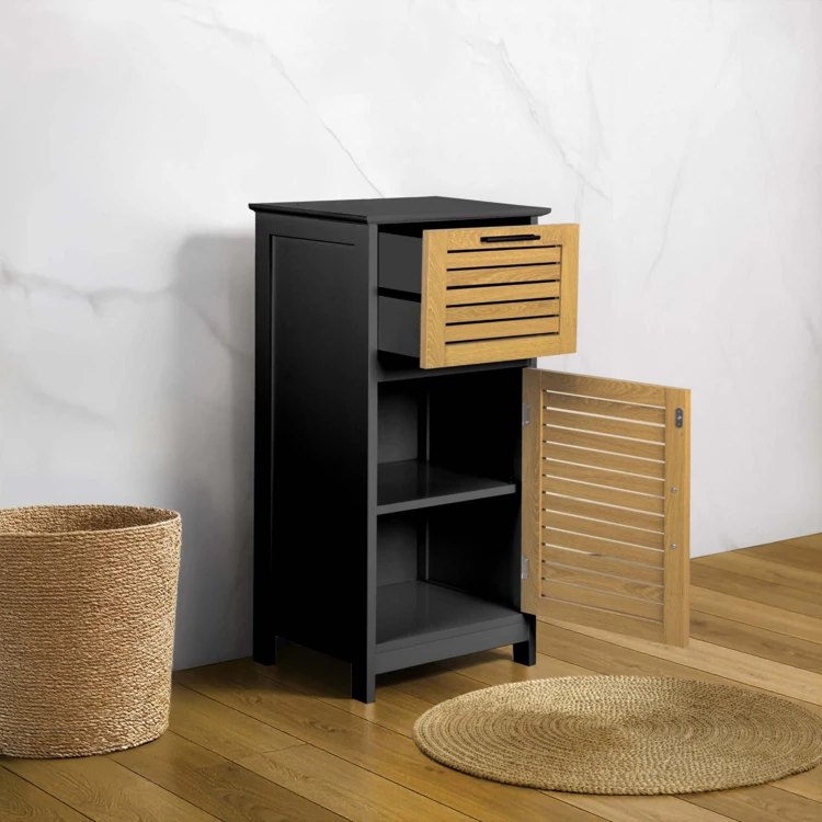 Meuble bas de salle de bain avec porte à lames et rangement