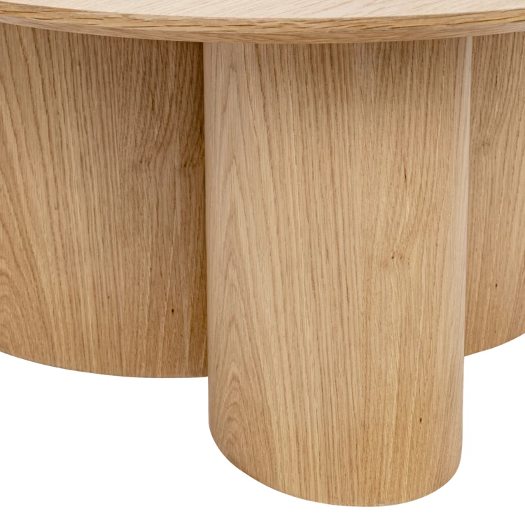 Mesa de centro redonda con aspecto de madera y base cilíndrica
