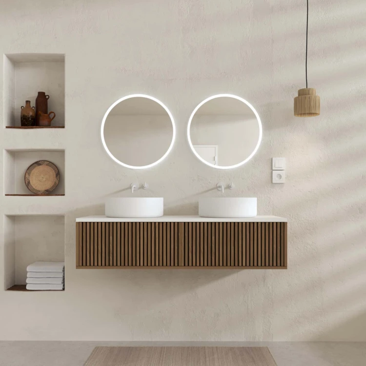 Meuble de salle de bain suspendu avec façade crantée, vasque(s) ronde(s) et miroir(s) LED