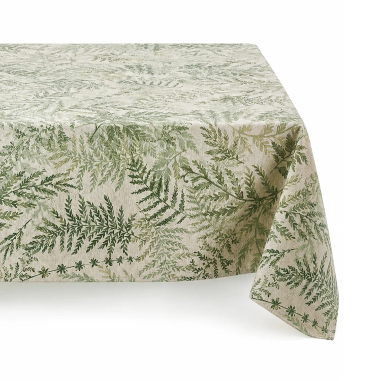 Nappe rectangulaire en polycoton enduit anti-tache motif fougères