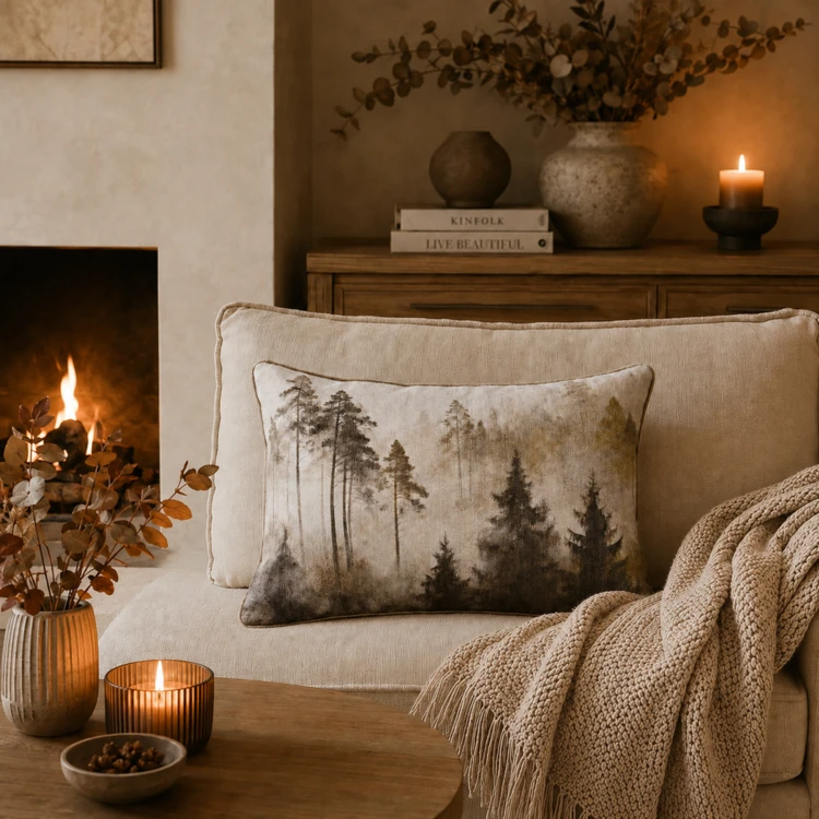 Coussin réversible motif aquarelle forêt