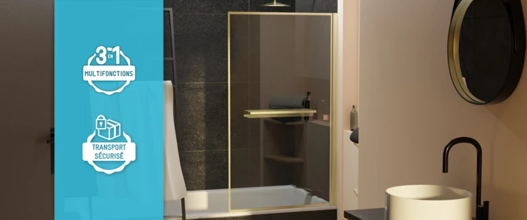 Pare-baignoire rabattable en verre trempé étagère et porte-serviette
