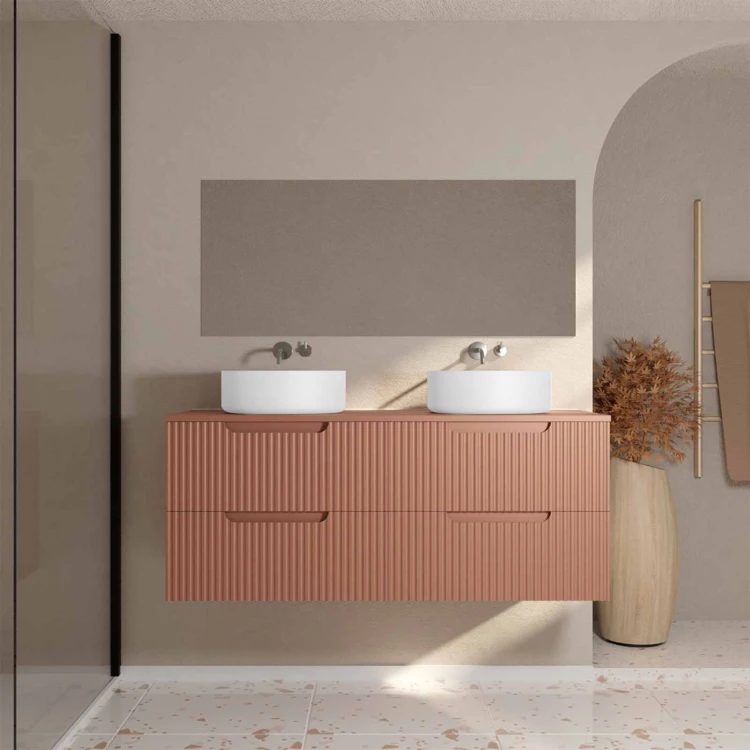 Meuble de salle de bain double vasque ronde avec façade ondulée et rangements intégrés