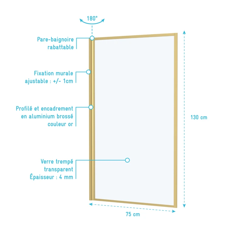 Pare-baignoire rabattable en verre trempé encadrement aluminium