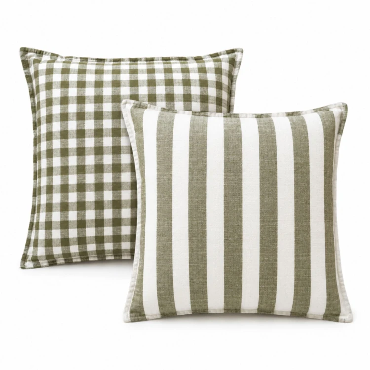Housse de coussin recto-verso 100% coton rayures et vichy LOURMARIN