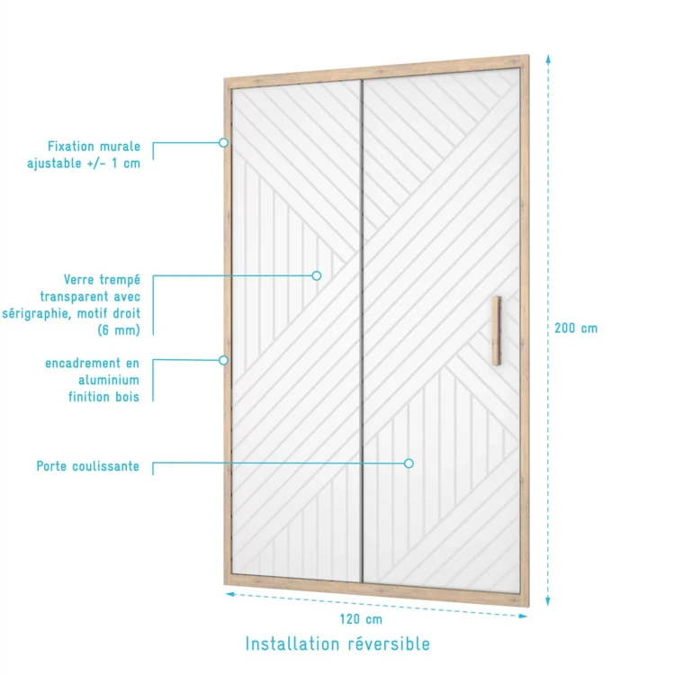 Porte de douche coulissante verre sérigraphié motif géométrique finition bois