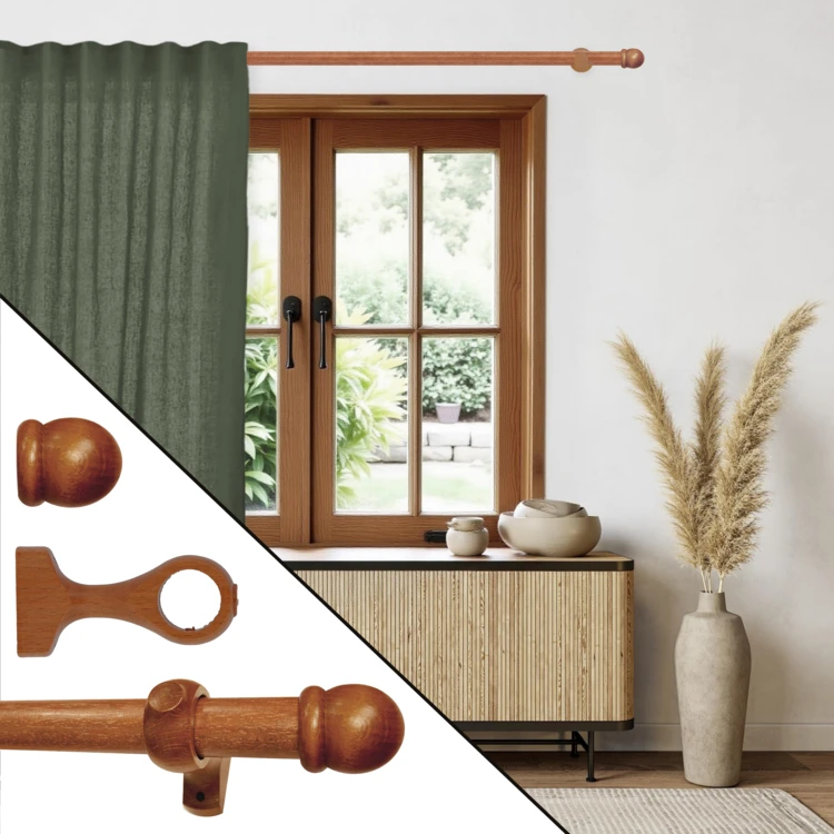 Kit tringle à rideaux en bois avec embouts ronds D28 mm