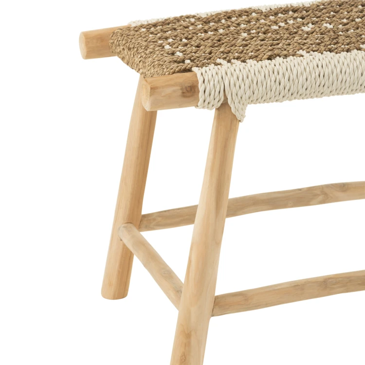 Taburete de madera de teca y cuerda de jacinto de agua trenzada bicolor